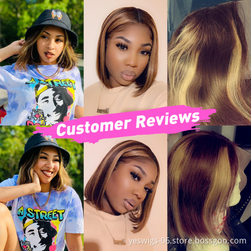 Highlight Short Bob Wigs 4/27 Color Human Hair Lace Front Wigs Brown Ombre Remy Hair Pre Plucked Swiss Lace Wigs For Black Women